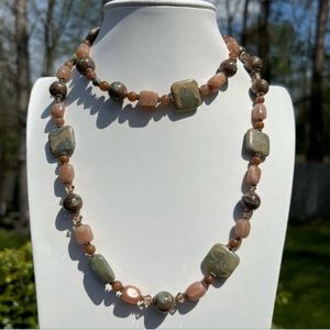Vintage Jasper Agate & Swarovski Crystal Beaded Necklace Bohemian